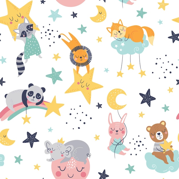 Vector patrón infantil sin fisuras con zorro, oso, león, panda, mapache, conejo, elefante, nubes, luna y estrellas.