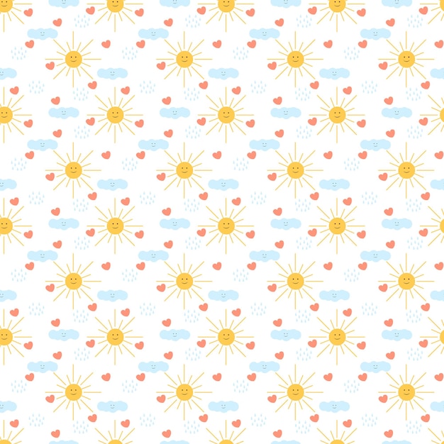 Patrón infantil transparente de vector con lindas nubes de sol gotas y corazones sobre un fondo blanco textura infantil dibujada a mano para papel tapiz textil de envoltura de tela