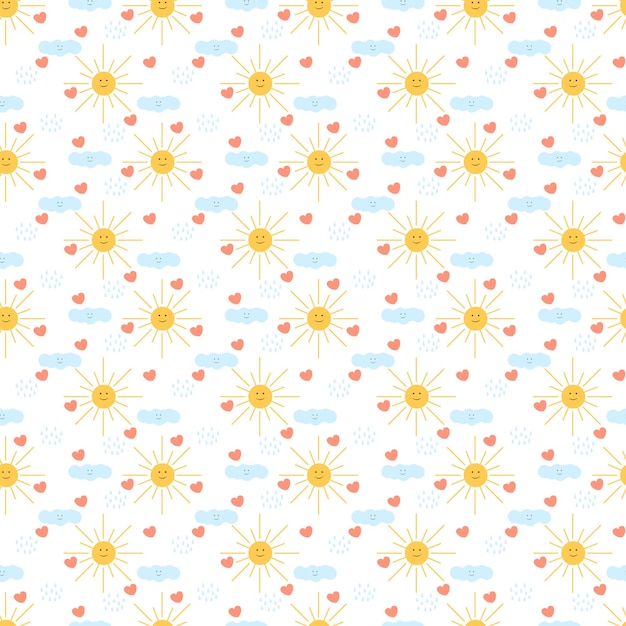 Patrón infantil transparente de vector con lindas nubes de sol gotas y corazones sobre un fondo blanco textura infantil dibujada a mano para papel tapiz textil de envoltura de tela