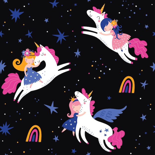 Patrón infantil transparente de vector con princesa unicornios estrellas arco iris y otros elementos