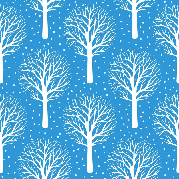 Patrón de inspiración de invierno sin costuras con árboles blancos y nieve sobre un fondo azul brillante