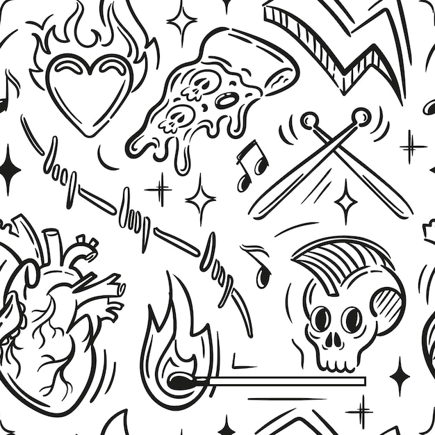 Un patrón inspirado en tatuajes con corazones, cráneos y fuego que muestra un arte colorido y audaz