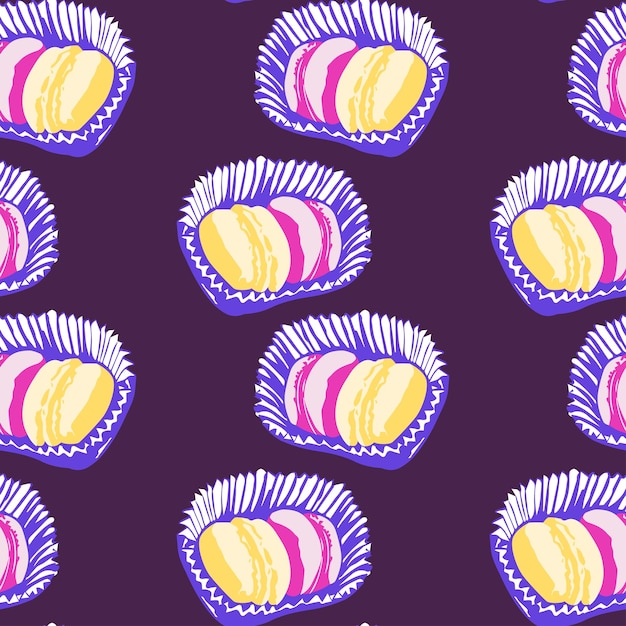 Vector patrón interminable sin costuras con macarrones sobre fondo violeta dulces franceses macarrones coloridos