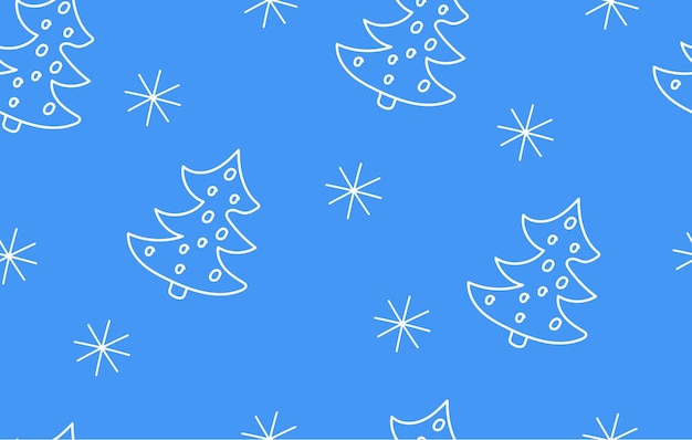 Patrón de invierno sin costuras con árboles de Navidad dibujados a mano y copos de nieve sobre fondo azul