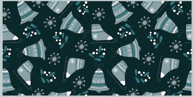 Patrón de invierno sin costuras dibujado a mano con patinaje de campana de navidad y copo de nieve