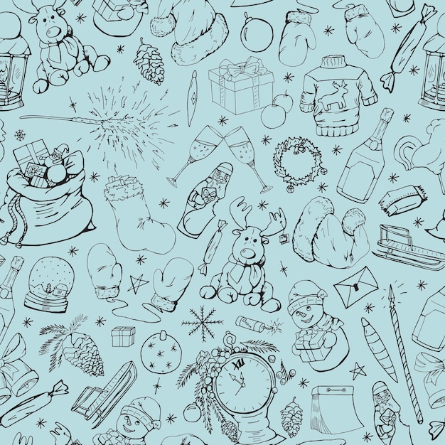 Patrón de invierno sin costuras con elementos navideños dibujados a mano estilo doodle