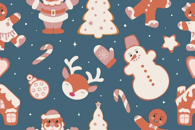 Patrón de invierno sin costuras con figuras de Navidad galletas de pan de jengibre Estupendo fondo de vacaciones de Navidad textura de repetición para el diseño de superficie papel tapiz tela papel de envoltura etc.