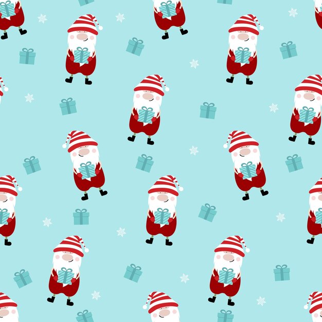 Patrón de invierno sin costuras Imprimir con regalo de enano divertido y copos de nieve