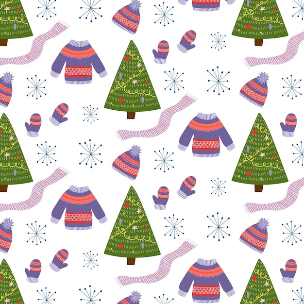 Patrón de invierno sin costuras con ropa de invierno Árbol de Navidad y nieve Patrón en el panel de muestra