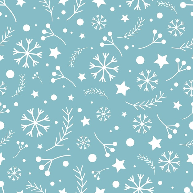 Patrón de invierno sin costuras vectorial con copos de nieve blancos, ramas de árboles y estrellas