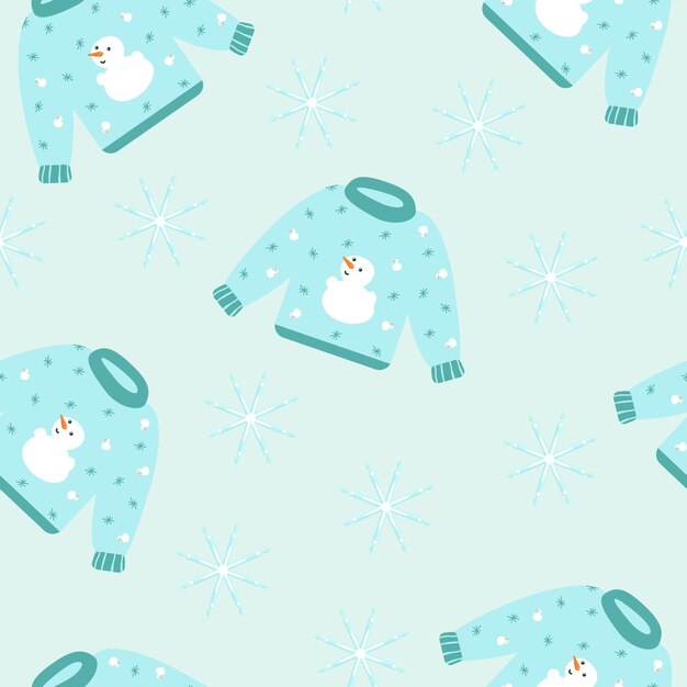 Patrón de invierno sin inconvenientes con un suéter y copos de nieve sobre un fondo azul. Vector