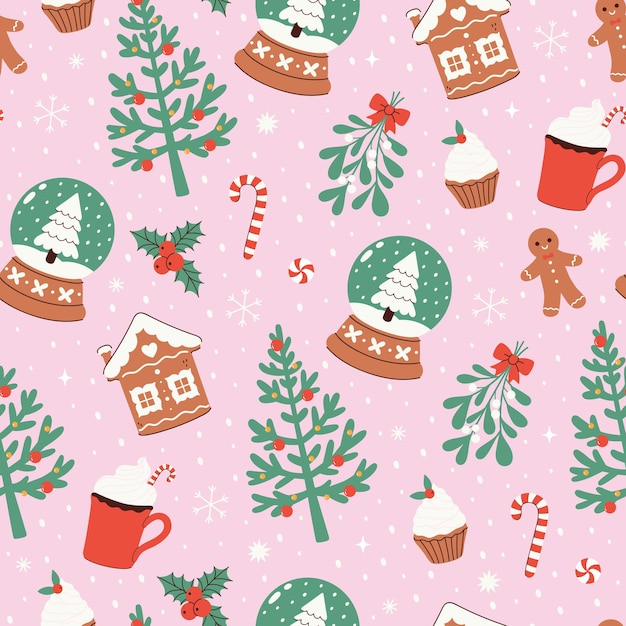 Patrón de invierno navideño sin costuras con diferentes elementos gráficos vectoriales