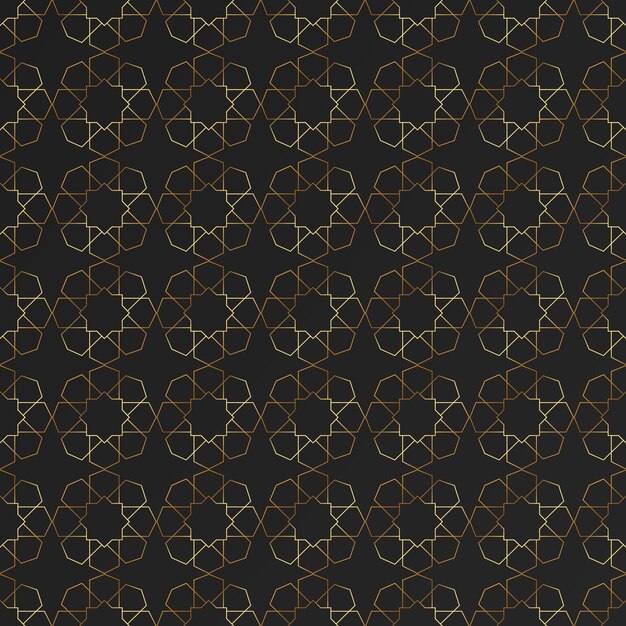 Patrón islámico Formas geométricas doradas en forma de flores sobre un fondo oscuro Patrón sin costuras en vector