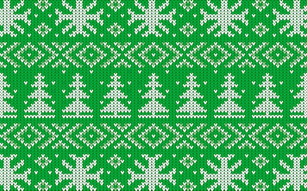 Patrón de jacquard navideño con árboles verdes y copos de nieve.