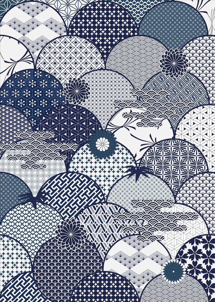 Vector un patrón japonés azul y blanco con una palmera y un cielo.