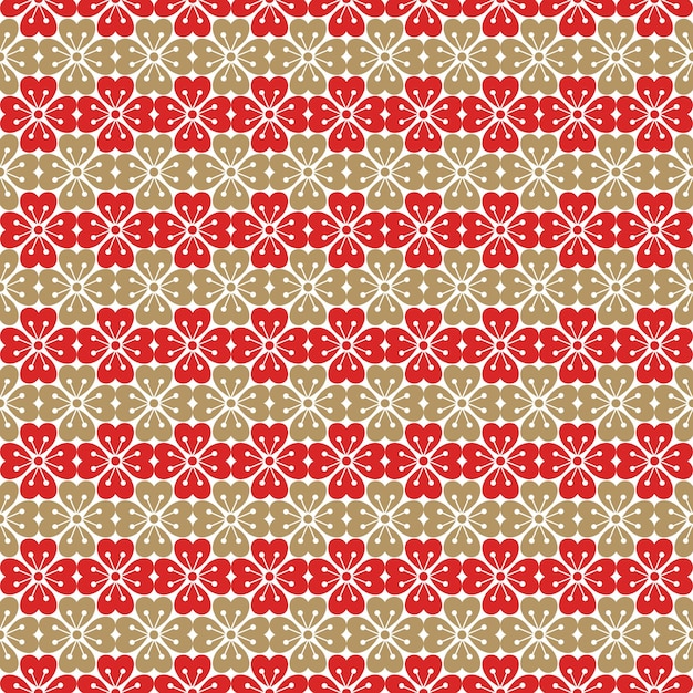 patrón japonés sin costuras corazón floral y forma de línea estilo de contorno plano con color rojo y dorado