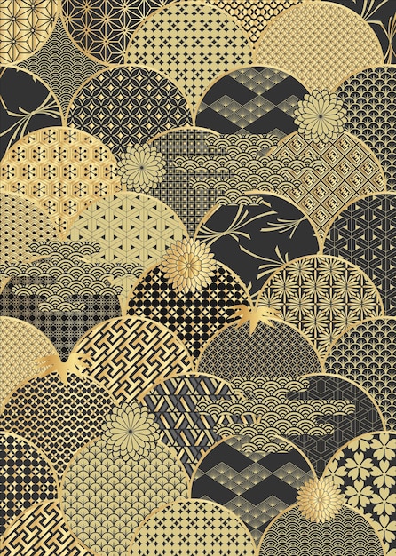 Un patrón japonés negro y dorado con un diseño de rayos de sol.