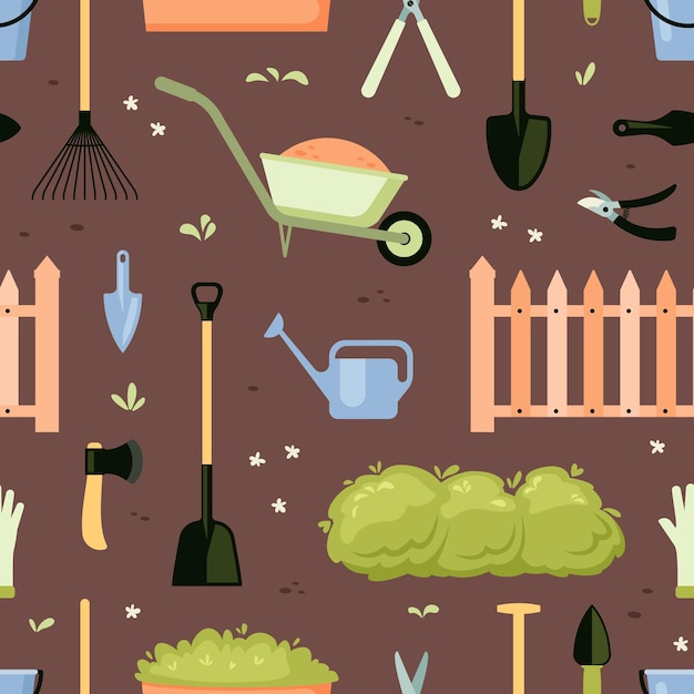 Patrón de jardín hogar cuidado de la hierba al aire libre equipo agrícola pala tijeras Fondo transparente de vector para proyectos de diseño textil