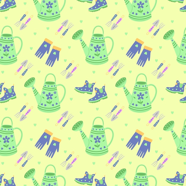 Patrón de jardinería sin costuras con botes de riego y guantes vector primavera lindo f