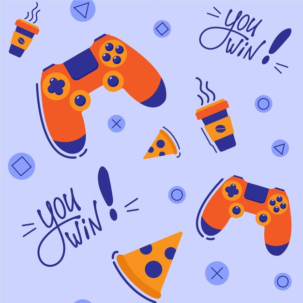 Vector patrón de juego sin fisuras con controlador de juego pizza café y letras usted gana