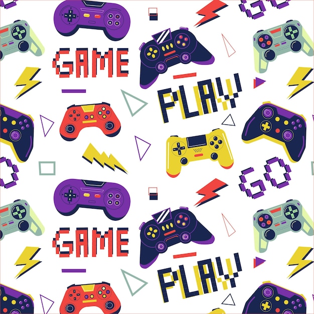 Patrón de jugador Impresión perfecta con controlador de juego para niños camiseta consola videojuego graffiti con joystick Gamepad brillante Decoración textil papel de envolver papel tapiz vector impresión