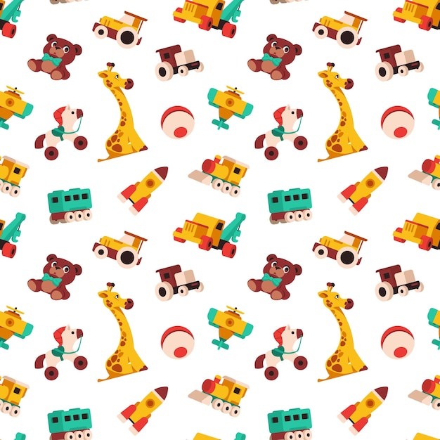 Patrón de juguetes de dibujos animados Impresión perfecta con juguetes coloridos para niños, animales de transporte de bebés lindos y juegos de rompecabezas Textura vectorial