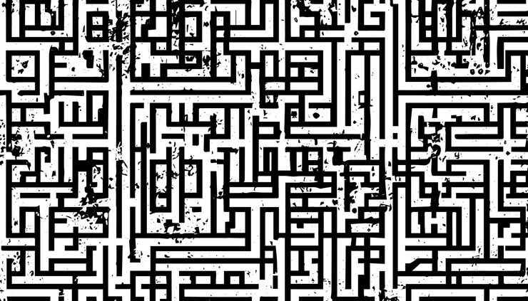 Vector patrón de laberinto sin costuras con líneas negras de carbón moderno textura elegante con laberinto dibujado a mano
