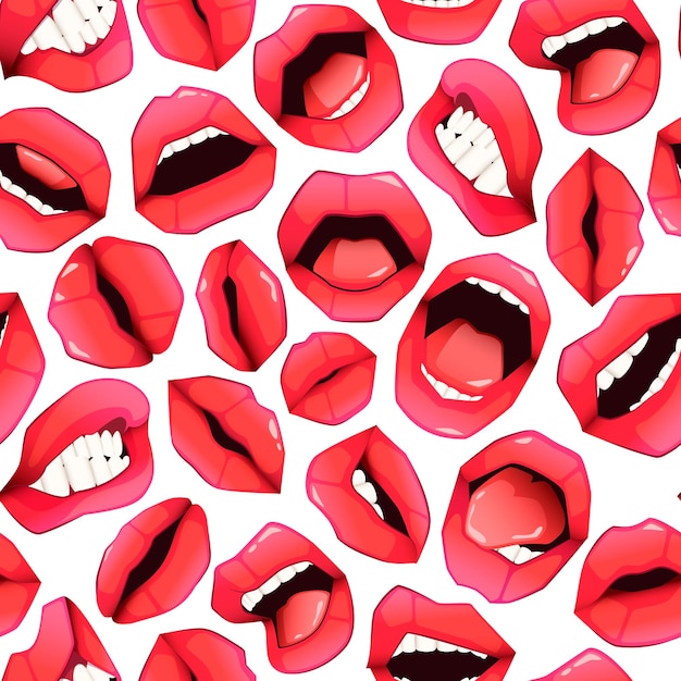 Patrón de labios rojos Impresión perfecta de boca hinchada de mujer de dibujos animados con lengua y dientes Fondo de sonrisa de chica sensual para envolver papel textil Textura vectorial