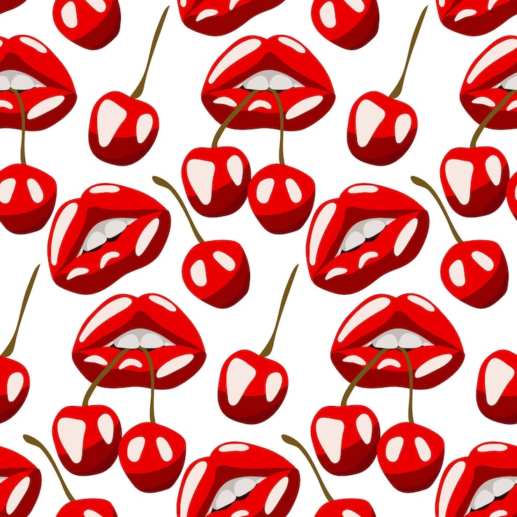 Vector un patrón con labios rojos sexys y una cereza sobre un fondo blanco lápiz labial rojo una boca abierta