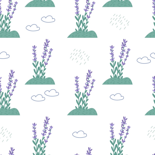 Patrón de lavanda lindo con ilustración de vector plano de nube y lluvia sobre fondo blanco