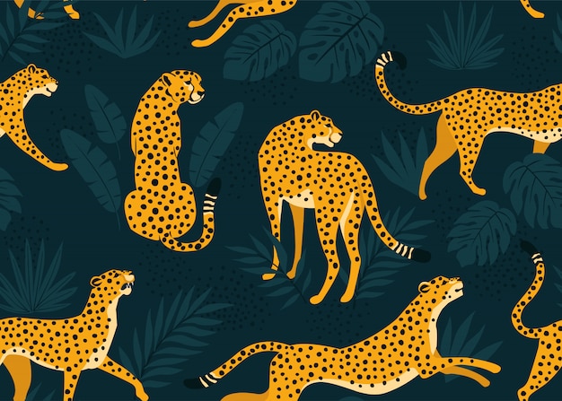 Patrón de leopardo con hojas tropicales. vector transparente