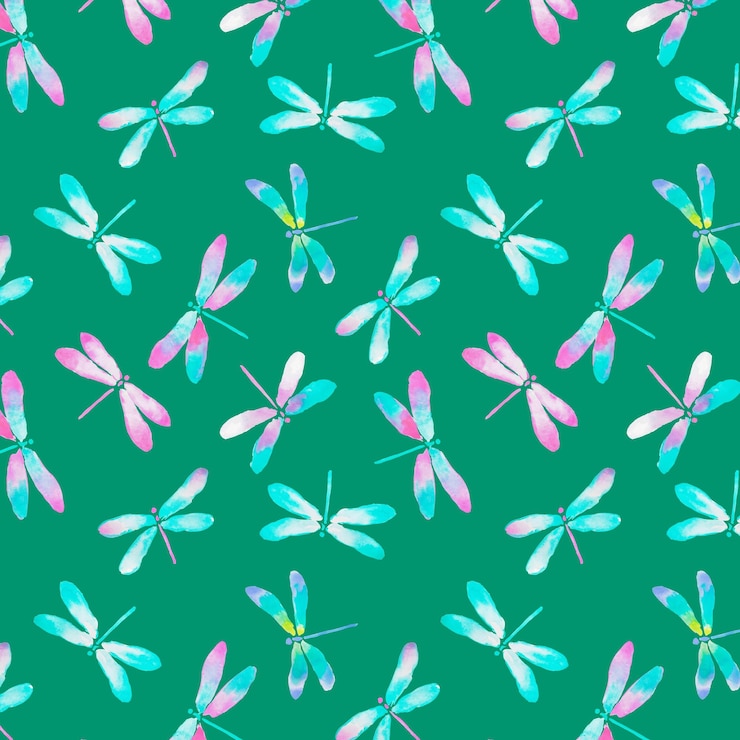 Vector patrón de libélula verde rosa turquesa y libélulas rosadas patrón de tela diseño textil