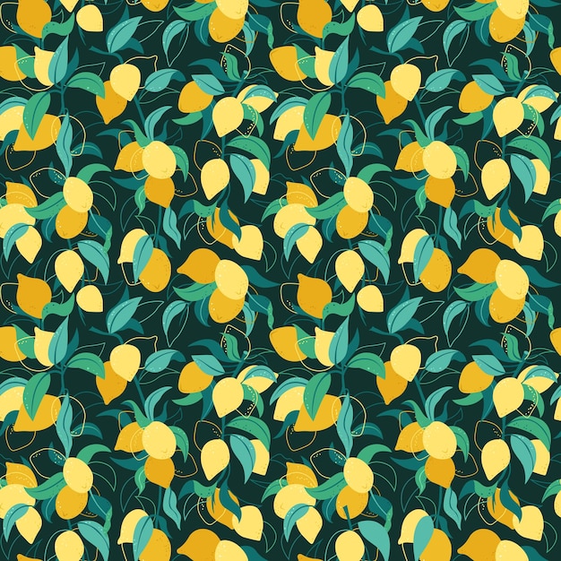 Patrón de limón sin costuras en fondo oscuro diseño vectorial plano con hojas y frutas