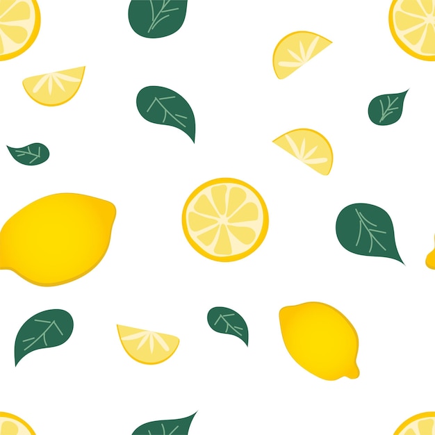 Patrón de limón sobre fondo blanco Ilustración tropical de dibujos animados Fondo de papel tapiz de fondo de vector Patrón transparente brillante Diseño floral de planta