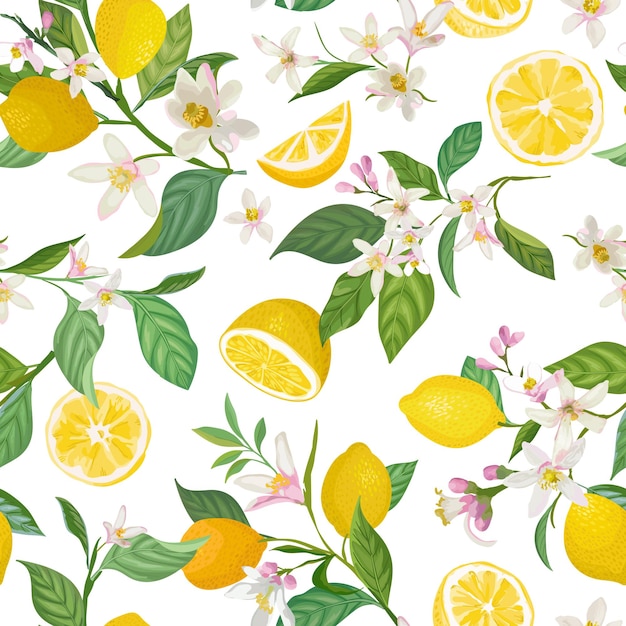 Patrón de limón transparente con frutas tropicales, hojas, fondo de flores. Ilustración de vector dibujado a mano en estilo acuarela para cubierta romántica de verano, papel tapiz tropical, textura vintage