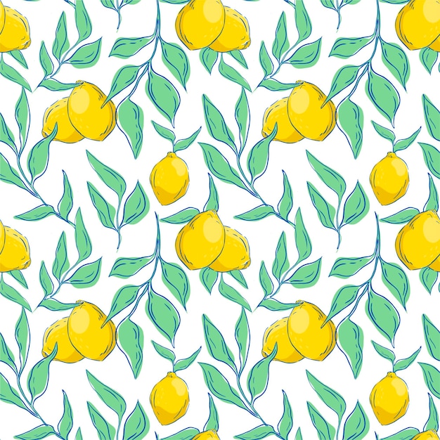 Un patrón con limones jugosos y hojas verdes