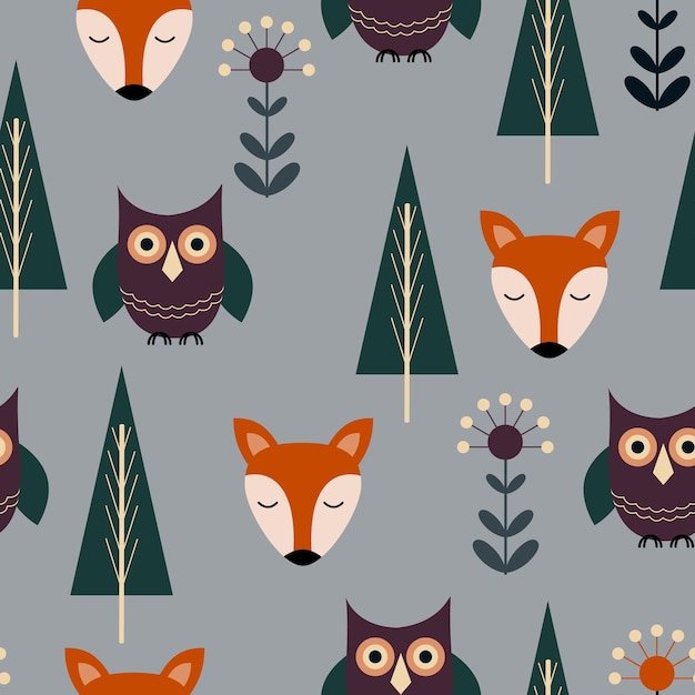 patrón lindo con animales del bosque en estilo escandinavo
