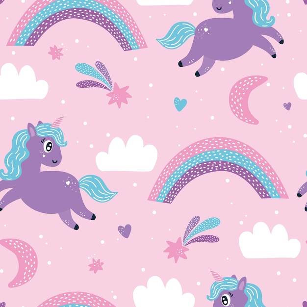 Patrón lindo para bebés sin costuras con unicornios y arco iris textura creativa para niños escandinavos