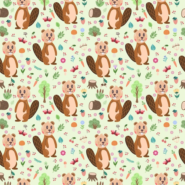 Patrón lindo sin costuras con elementos de castor y bosque, árboles de flores de tronco, niños de estilo plano.