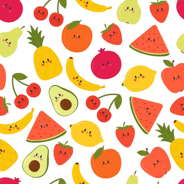 Patrón lindo sin costuras con frutas de dibujos animados Kawaii Fondo saludable creativo Textura elegante moderna