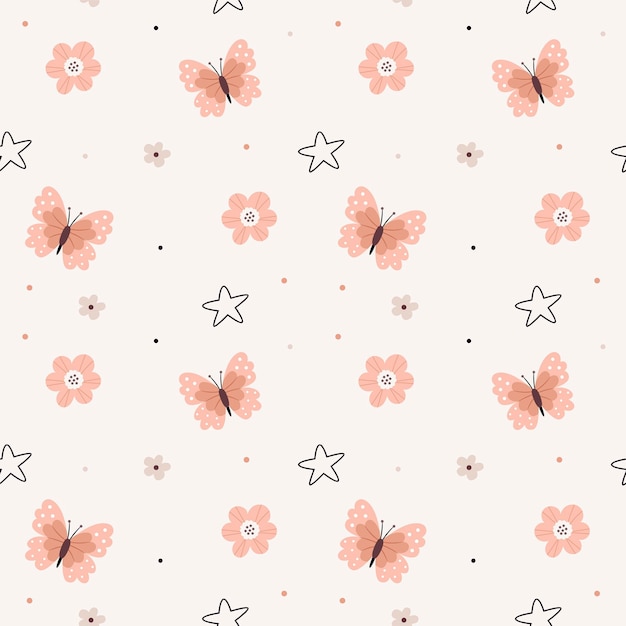 Patrón lindo en estilo minimalista boho escandinavo en colores pastel neutros beige mariposas estrellas y floresDecoración para la guardería textiles para la ducha de bebé