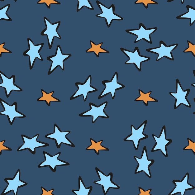 Patrón lindo con estrellas azules y naranjas en estilo garabato sobre fondo azul oscuro para el diseño de textiles ropa de cama papel de regalo para niños