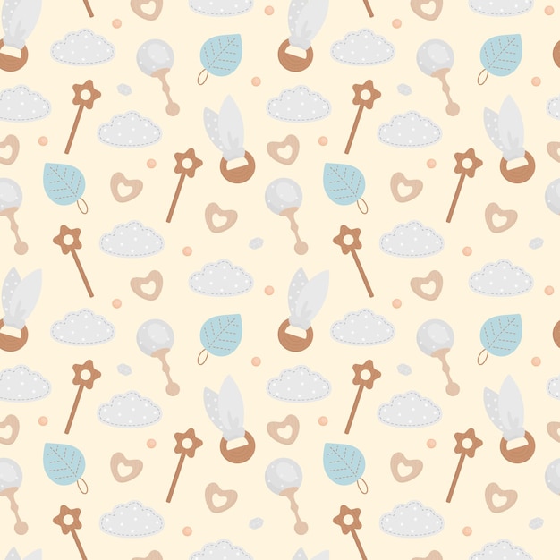Patrón lindo de juguetes de bebé boho en estilo escandinavo. Diseño de fondo para telas de moda.