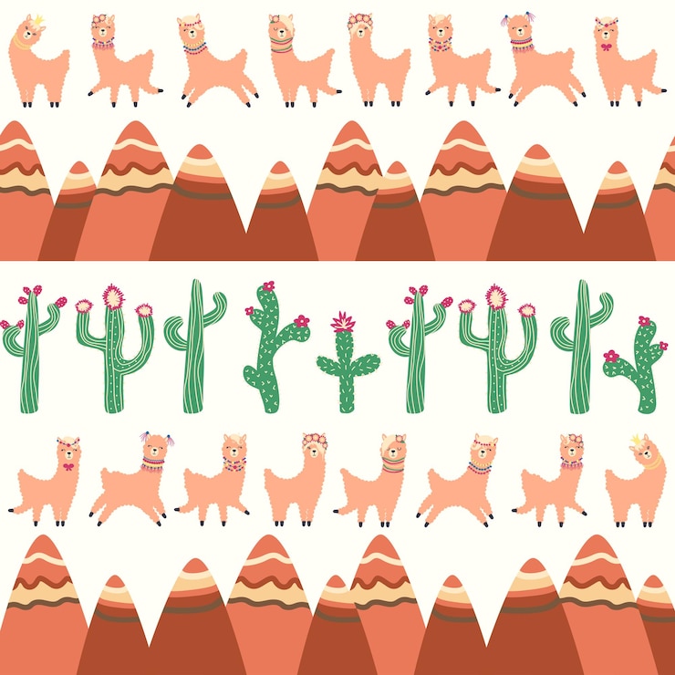Vector patrón lindo con llamas cactus alpes montañas cazador de sueños arco iris y corazones diseño de habitación para niños
