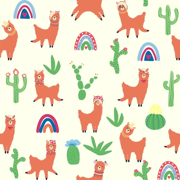 Vector patrón lindo con llamas cactus alpes montañas cazador de sueños arco iris y corazones diseño de habitaciones para niños embalaje de papel pintado de tela impresa