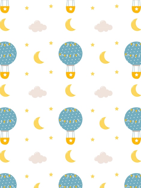 Patrón lindo para niños con un globo de aire caliente en el cielo con nubes y luna