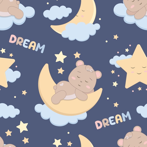 Patrón lindo de niños con un oso dormido una luna creciente en las nubes y una estrella