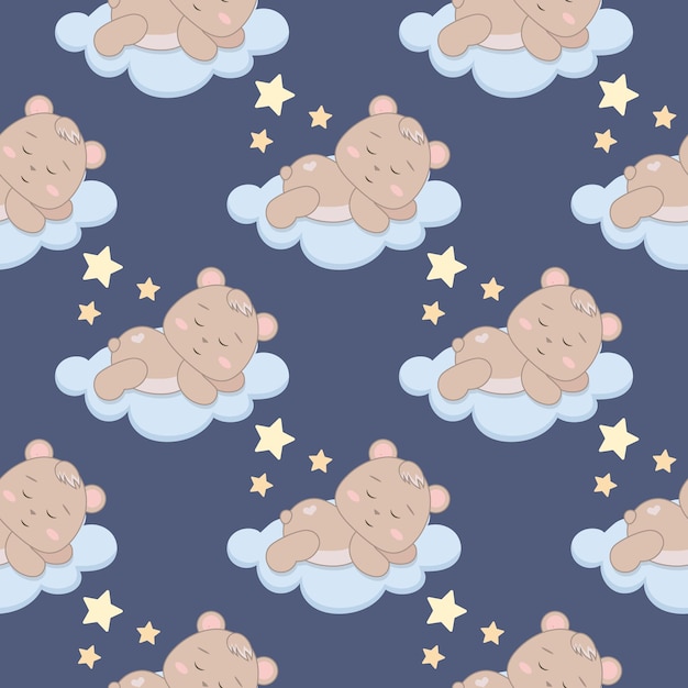 Patrón lindo de niños con un pequeño oso dormido en las nubes Fondo lindo de los niños