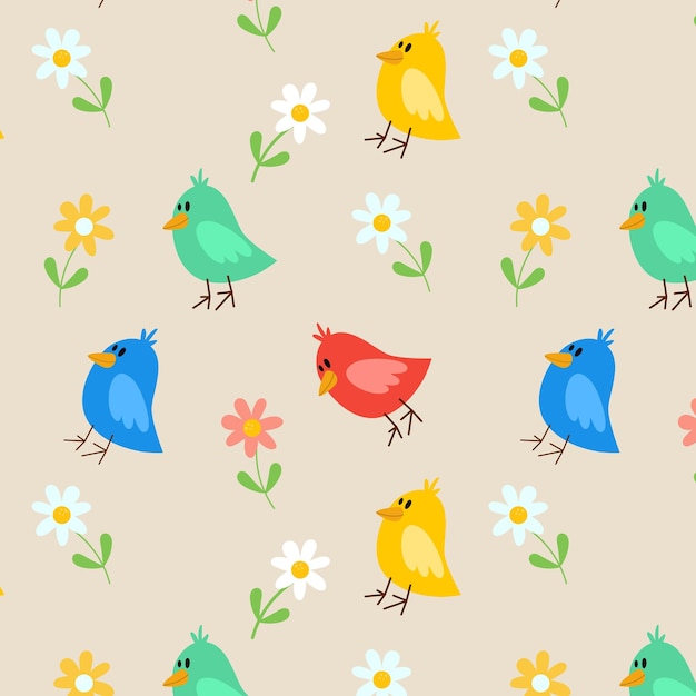 Patrón lindo con pájaros y flores Patrón vectorial de naturaleza dibujado a mano