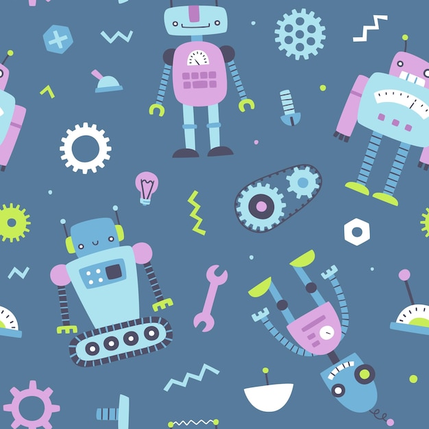 Patrón lindo con robots divertidos para niños Impresión vectorial sin costuras para textiles y prendas infantiles